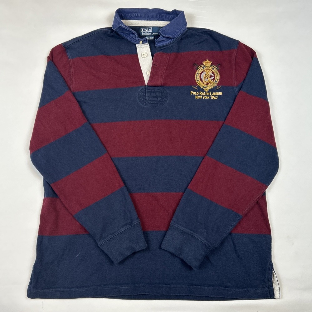 Vintage POLO RALPH LAUREN Equestrian Crest Striped Rugby Shirt Sz L Navy Maroon